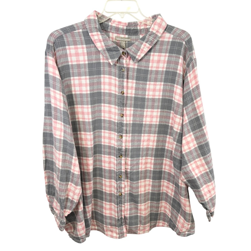 Woman Within Plus Size 34/36W Top 4XP Flannel Pink Gray Plaid Button Down 747